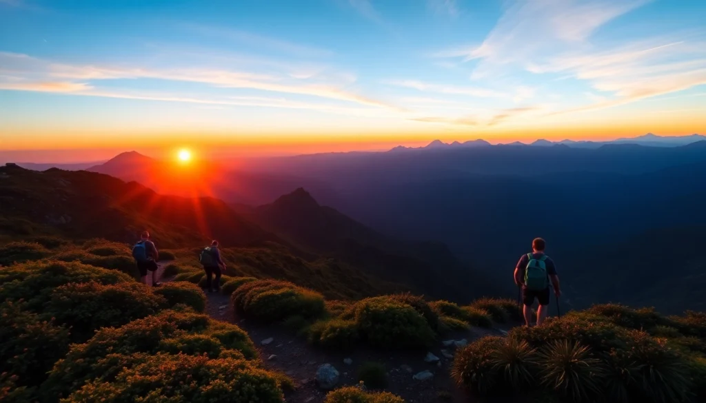 Hiking enthusiasts enjoying a scenic trail in lush tropical landscapes of Lombok, Indonesia, with vibrant scenery and clear skies.