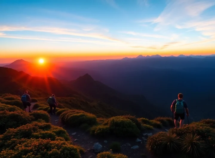 Hiking enthusiasts enjoying a scenic trail in lush tropical landscapes of Lombok, Indonesia, with vibrant scenery and clear skies.