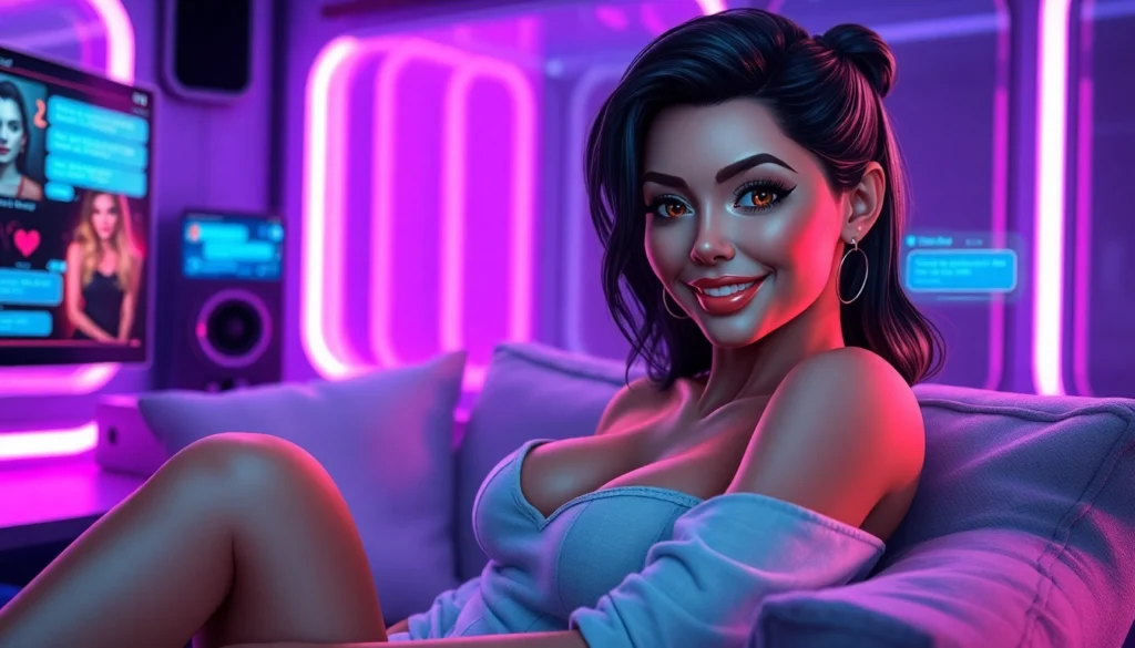 An AI adult chat scene featuring a confident female character in a neon-lit, futuristic room with holographic visuals and inviting pose.