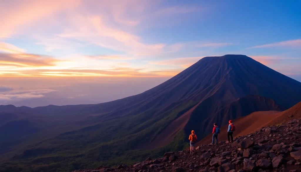 Hikers overlooking Mount Rinjani's crater rim at sunrise with vibrant sky and rugged landscape.