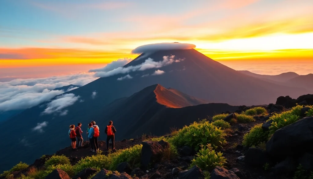 An adventurous group of hikers overlooking Mount Rinjani's crater rim at sunrise, surrounded by lush greenery and volcanic landscape.