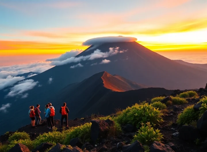 An adventurous group of hikers overlooking Mount Rinjani's crater rim at sunrise, surrounded by lush greenery and volcanic landscape.