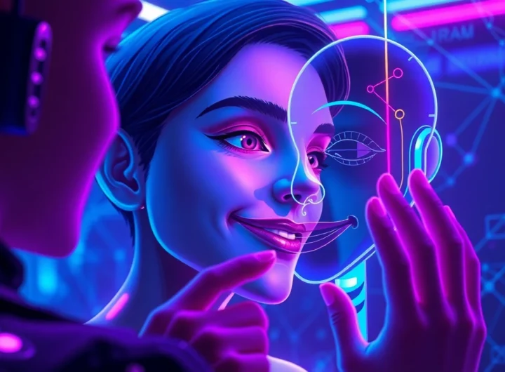 An advanced digital scene showing a holographic AI avatar in a dimly lit, neon-lit environment, emphasizing intimacy and technological sophistication.