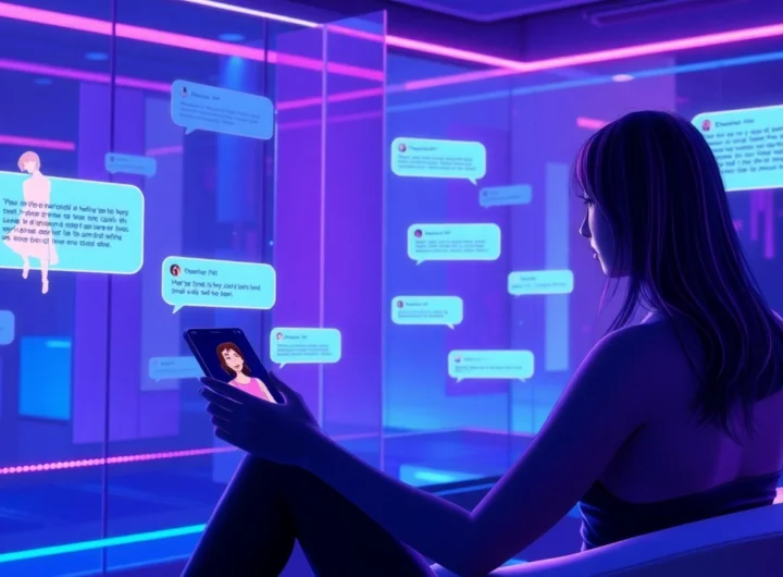 Futuristic AI interface with intimate visuals and holographic chat displays in a softly lit environment.