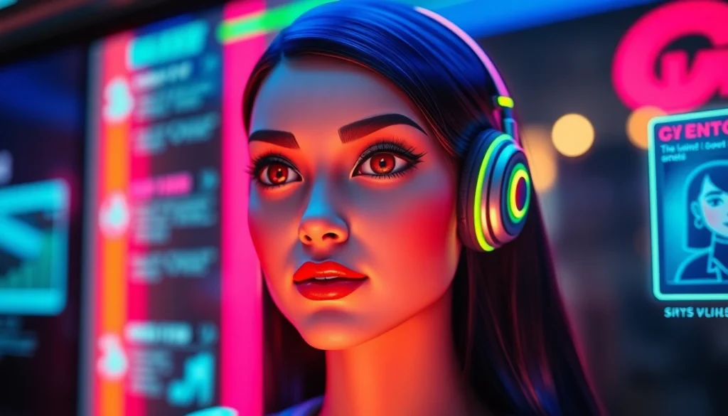 AI girlfriend engaging in a realistic conversation on a sleek, high-tech screen with vibrant neon lighting, emphasizing intimacy and advanced AI design.
