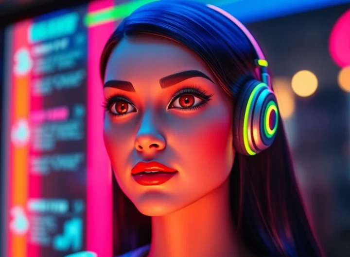 AI girlfriend engaging in a realistic conversation on a sleek, high-tech screen with vibrant neon lighting, emphasizing intimacy and advanced AI design.