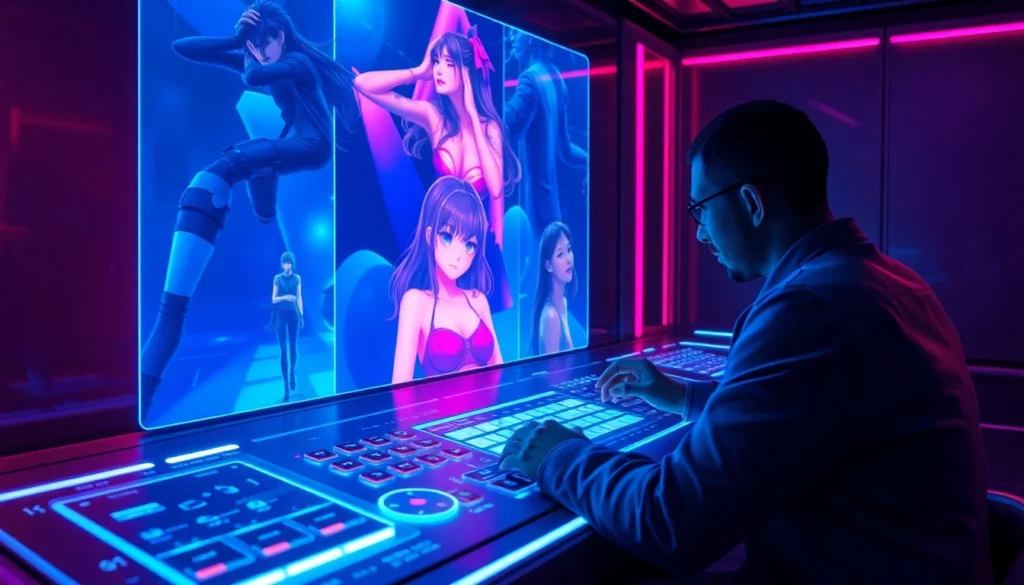 Futuristic AI interface with animated adult characters in a neon-lit control room