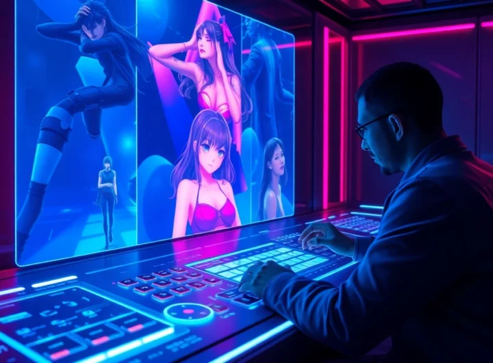 Futuristic AI interface with animated adult characters in a neon-lit control room