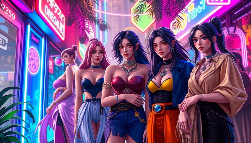 Illustration of a diverse group of characters in a futuristic urban setting with neon lighting, representing an Omegaverse scene.