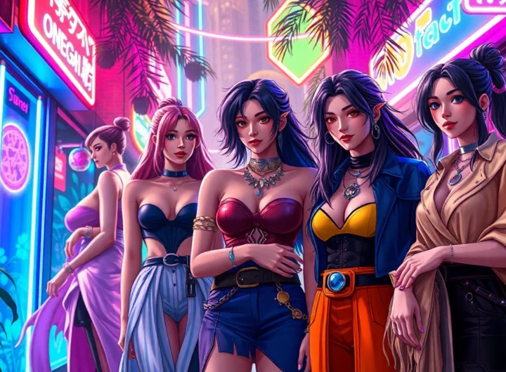 Illustration of a diverse group of characters in a futuristic urban setting with neon lighting, representing an Omegaverse scene.