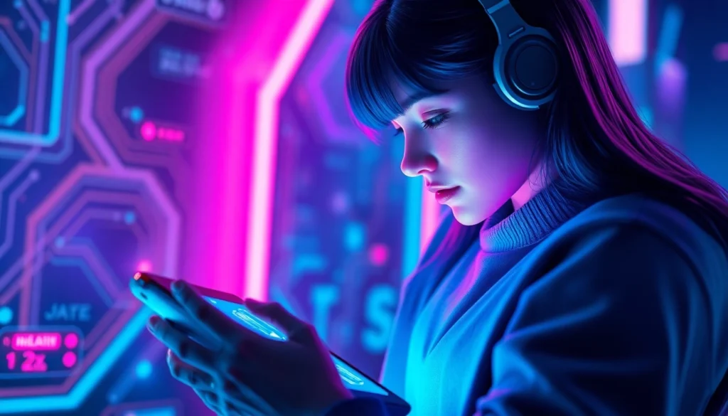 Close-up of a user interacting with a futuristic AI chatbot on a sleek device, with neon lights and digital textures in the background.