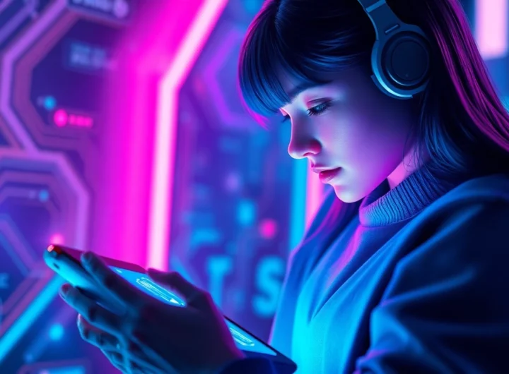 Close-up of a user interacting with a futuristic AI chatbot on a sleek device, with neon lights and digital textures in the background.