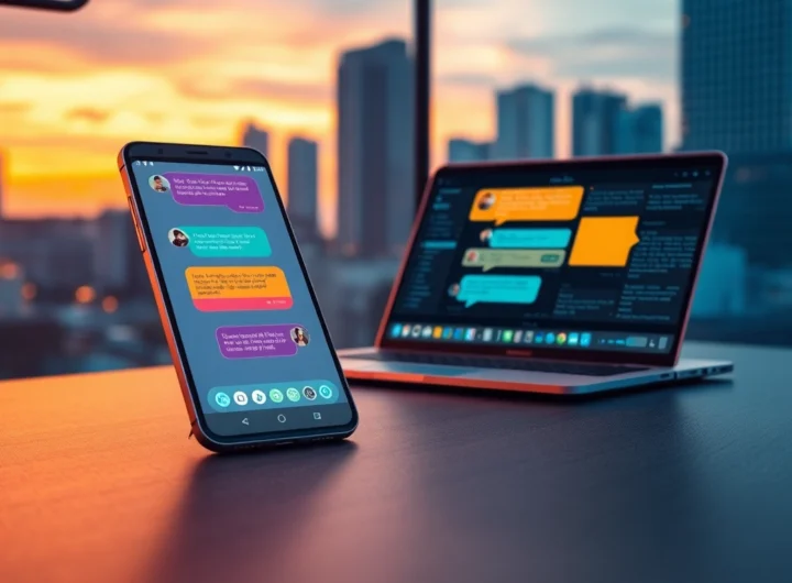 A smartphone and laptop displaying an AI chat interface on a modern desk at dusk.