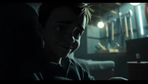A distressed Harvey in a dark room with violent tools and shadows, illustrating the unsettling atmosphere of the game.
