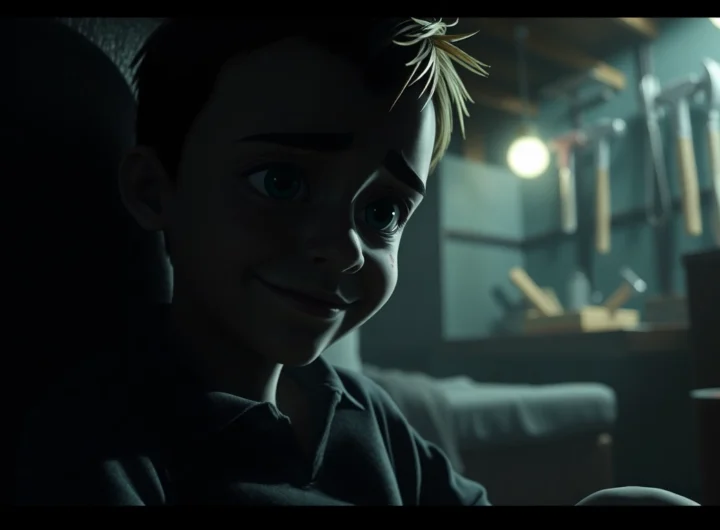 A distressed Harvey in a dark room with violent tools and shadows, illustrating the unsettling atmosphere of the game.