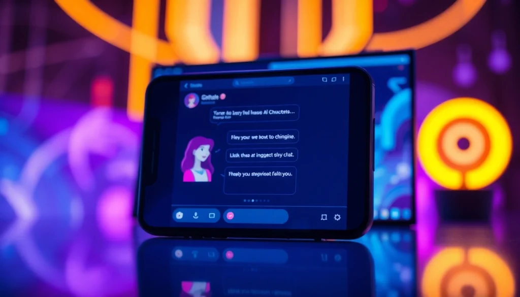 Futuristic digital chat interface with customizable AI characters in a high-tech setting.