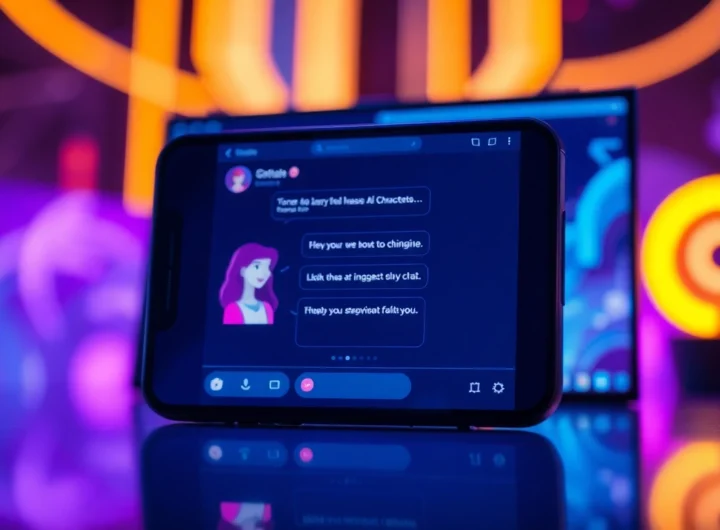 Futuristic digital chat interface with customizable AI characters in a high-tech setting.