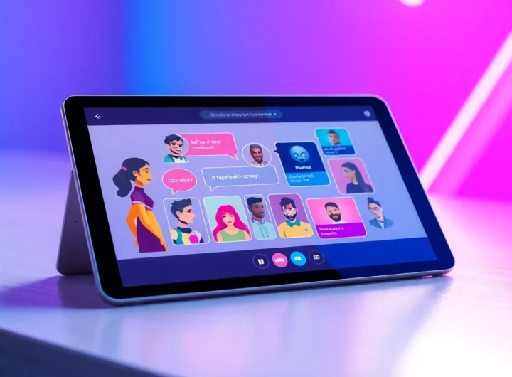Futuristic digital chat interface with colorful AI characters on a sleek tablet device.