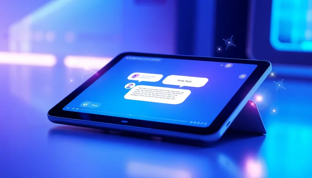 Futuristic AI chatbot interface on a sleek tablet with glowing text bubbles and digital holographic elements in a modern setting.