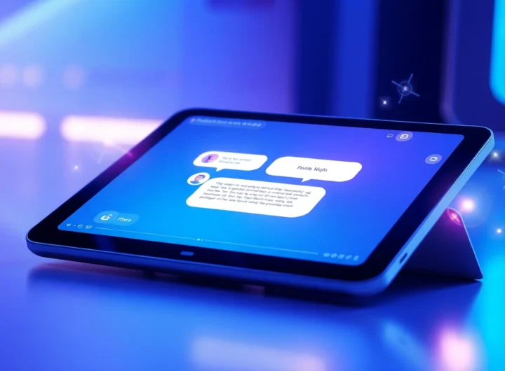 Futuristic AI chatbot interface on a sleek tablet with glowing text bubbles and digital holographic elements in a modern setting.