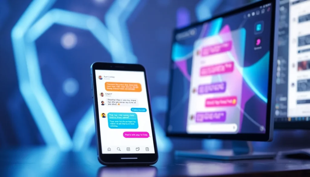 Modern multi-device setup displaying AI chatbot conversations with colorful speech bubbles and futuristic lighting.