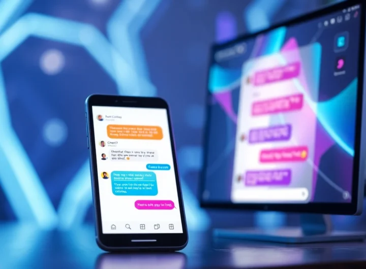 Modern multi-device setup displaying AI chatbot conversations with colorful speech bubbles and futuristic lighting.