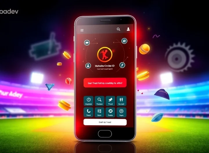 Mahadev Cricket ID dashboard on mobile device with cricket stadium backdrop, highlighting secure betting features for Indian users