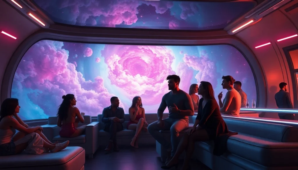 A futuristic space lounge with a nebula view, featuring attractive people engaging flirtatiously in a seductive, sci-fi setting.