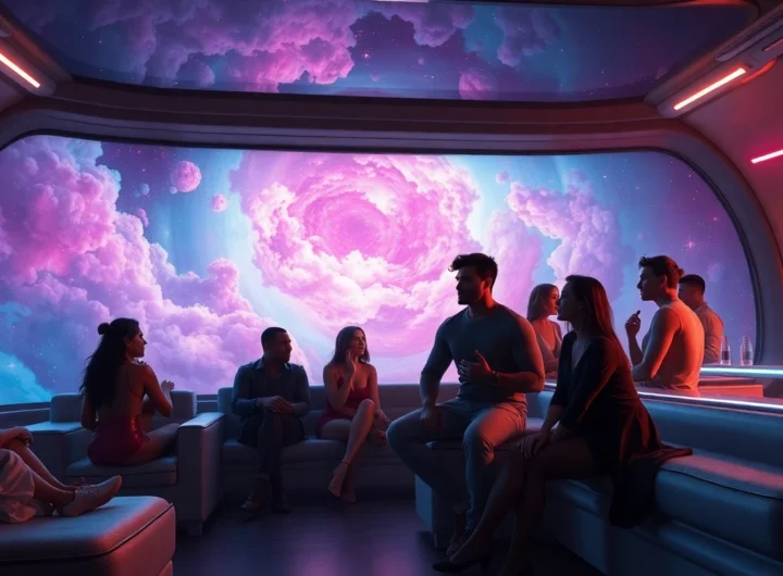 A futuristic space lounge with a nebula view, featuring attractive people engaging flirtatiously in a seductive, sci-fi setting.