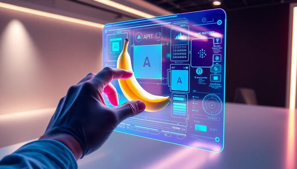 A human hand interacting with a futuristic AI image editing interface featuring a floating, textured banana in a high-tech workspace.