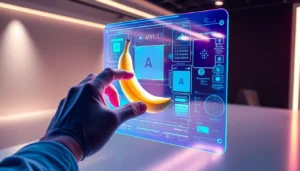 A human hand interacting with a futuristic AI image editing interface featuring a floating, textured banana in a high-tech workspace.