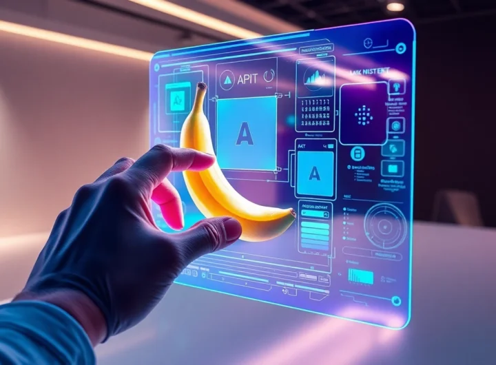 A human hand interacting with a futuristic AI image editing interface featuring a floating, textured banana in a high-tech workspace.