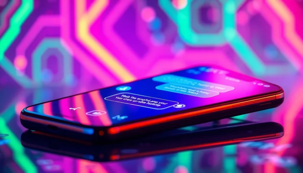 Futuristic smartphone displaying a colorful AI chat interface with neon accents and abstract tech background.