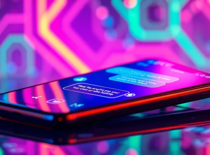 Futuristic smartphone displaying a colorful AI chat interface with neon accents and abstract tech background.