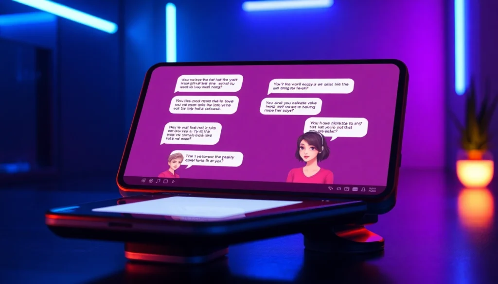 Futuristic chat interface on a sleek device with glowing screen and cyberpunk background
