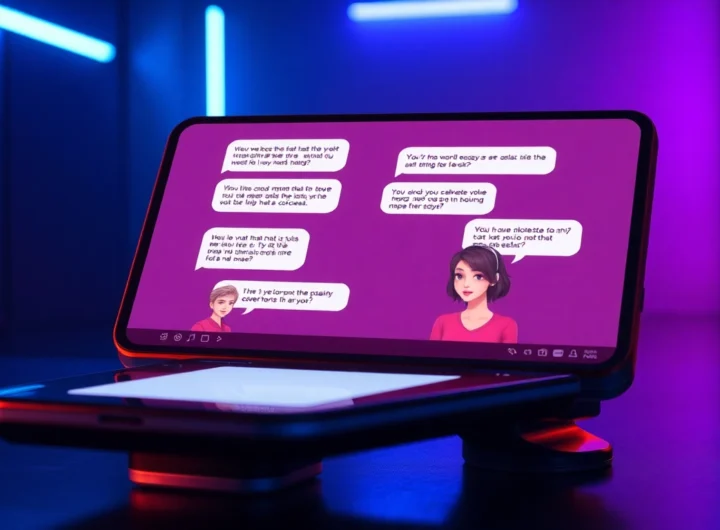 Futuristic chat interface on a sleek device with glowing screen and cyberpunk background