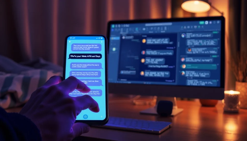 Close-up of a person interacting with a smartphone and computer displaying AI chat interfaces in a cozy room setting.