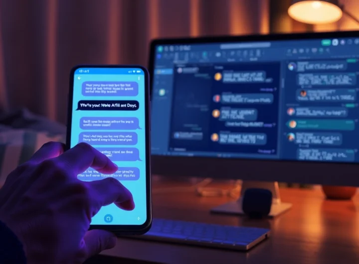 Close-up of a person interacting with a smartphone and computer displaying AI chat interfaces in a cozy room setting.