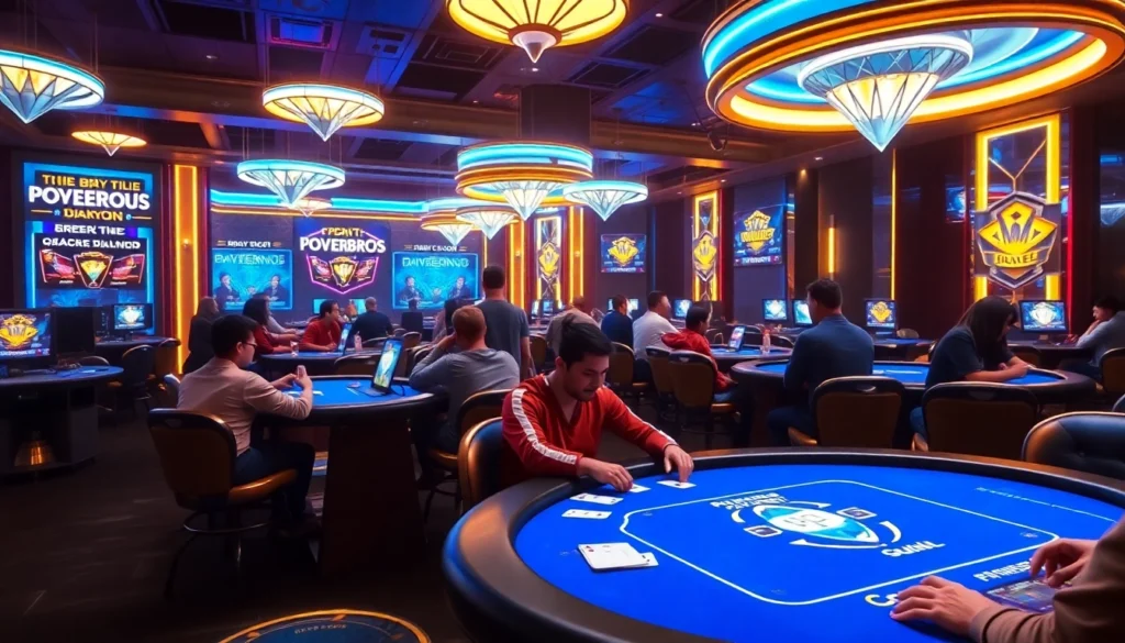 Engaging Pokerbros Diamond Union online poker club with players at digital tables, highlighting strategy and community.