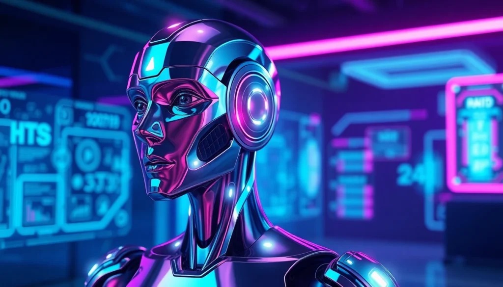 一個高科技未來感的3D AI公仔,金屬光澤與霓虹燈光交織,背景充滿數據流與數位界面,展現尖端科技氛圍。