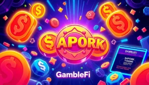 Bold APORK Tokens showcased in a vibrant, meme-inspired crypto environment with GambleFi
