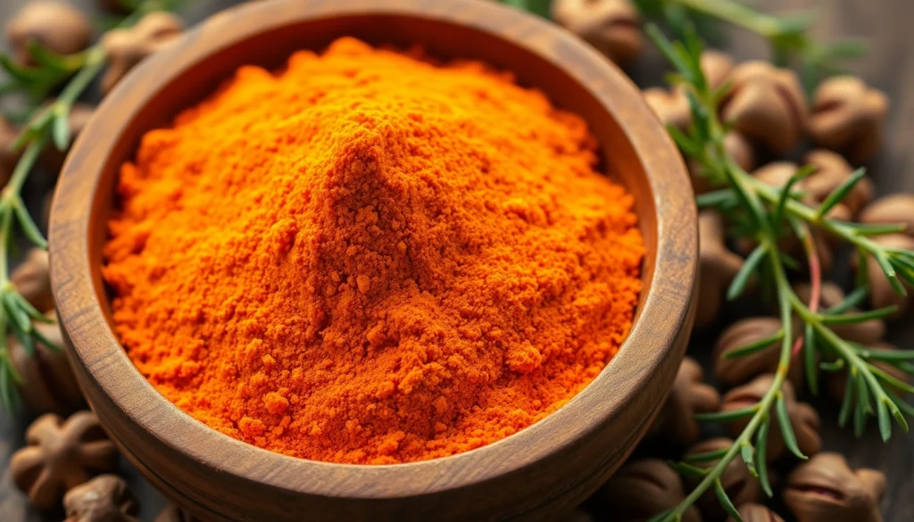 Nutmeg Powder in a rustic bowl with whole nutmeg seeds and herbs, highlighting fresh spices and