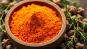Nutmeg Powder in a rustic bowl with whole nutmeg seeds and herbs, highlighting fresh spices and