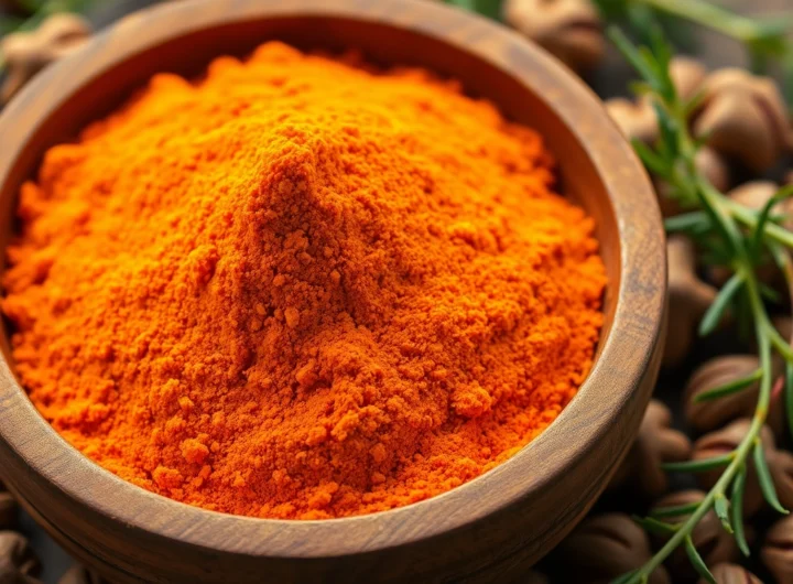 Nutmeg Powder in a rustic bowl with whole nutmeg seeds and herbs, highlighting fresh spices and