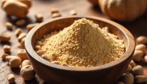 Nutmeg Powder in a wooden bowl with whole nutmeg seeds highlighting quality and freshness for