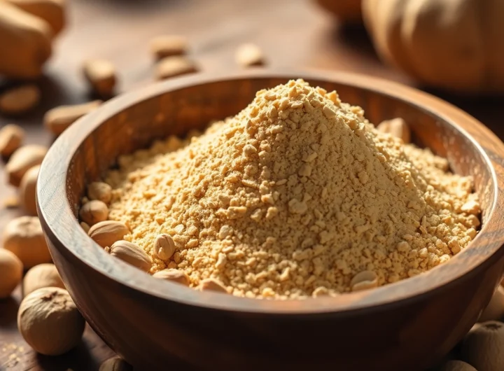 Nutmeg Powder in a wooden bowl with whole nutmeg seeds highlighting quality and freshness for